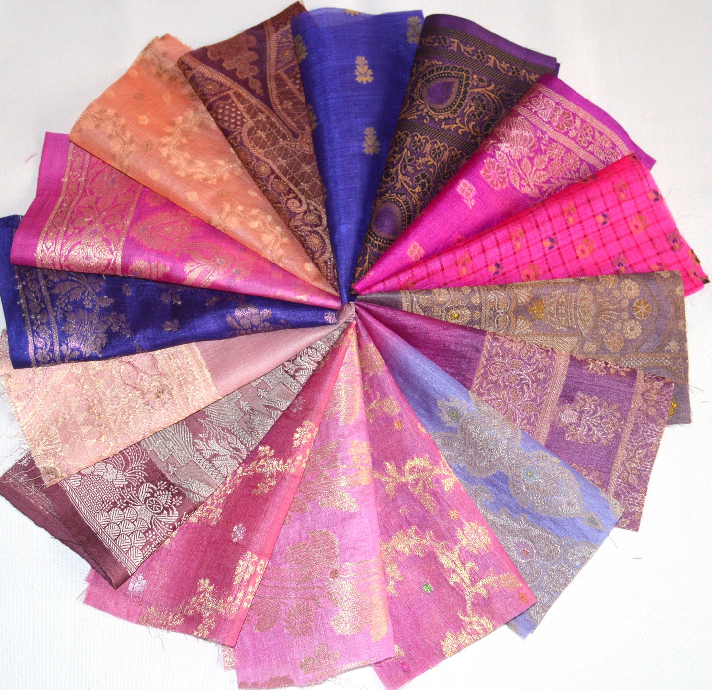 10 Inch x 16 Pieces Pink Purple Recycled Vintage Silk Sari Scraps Brocade Craft Fabric Collage Mixed Media Textile Art Junk Journals