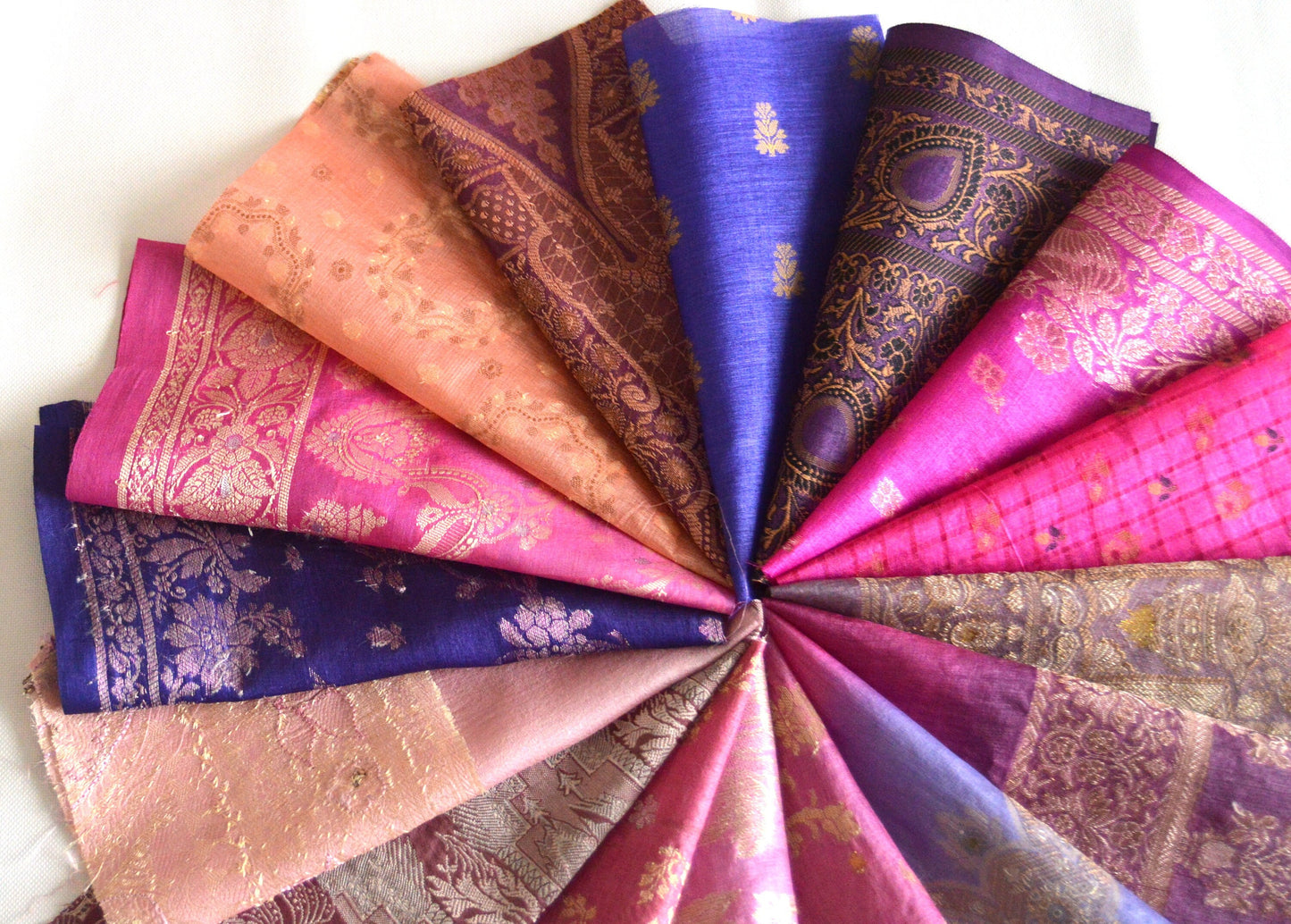 10 Inch x 16 Pieces Pink Purple Recycled Vintage Silk Sari Scraps Brocade Craft Fabric Collage Mixed Media Textile Art Junk Journals