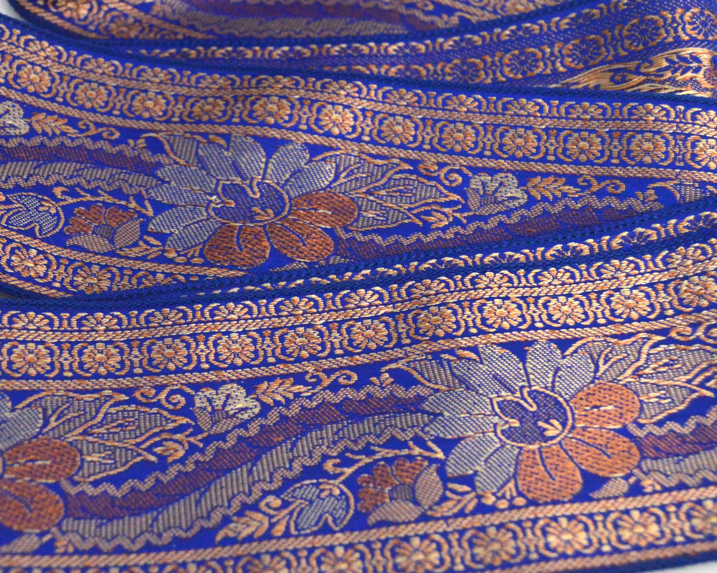 Royal Blue Brocade Faux Vegan Silk Vintage Recycled Upcycled Sari Silk Ribbon