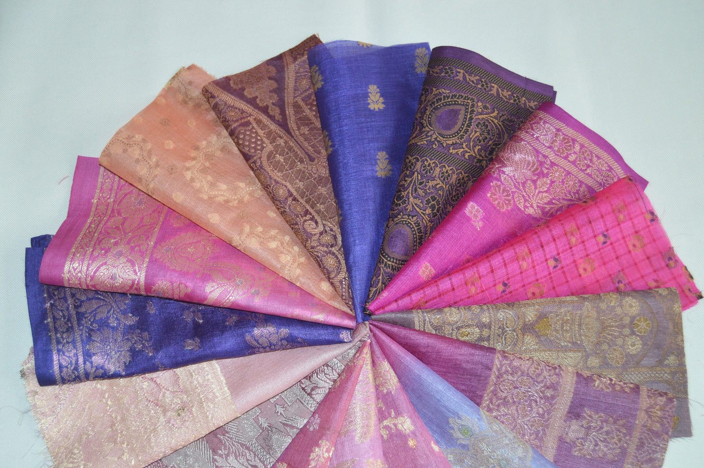 10 Inch x 16 Pieces Pink Purple Recycled Vintage Silk Sari Scraps Brocade Craft Fabric Collage Mixed Media Textile Art Junk Journals