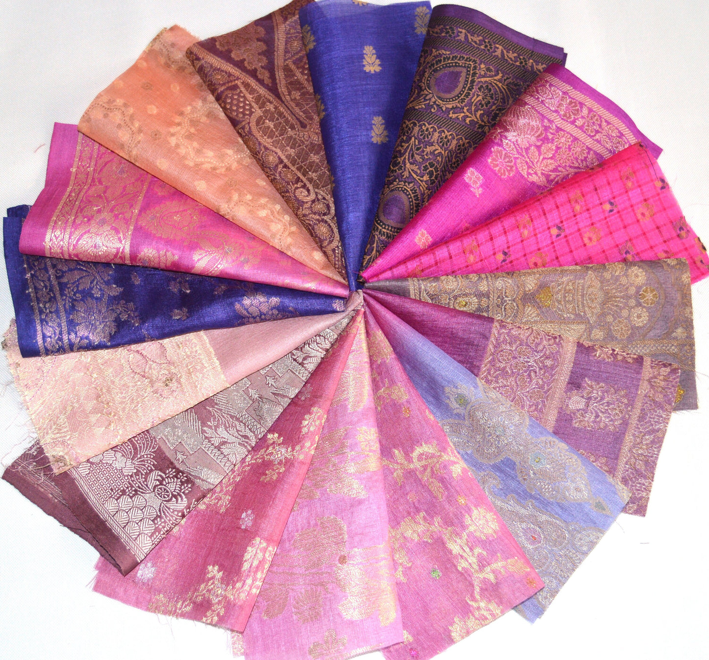 10 Inch x 16 Pieces Pink Purple Recycled Vintage Silk Sari Scraps Brocade Craft Fabric Collage Mixed Media Textile Art Junk Journals