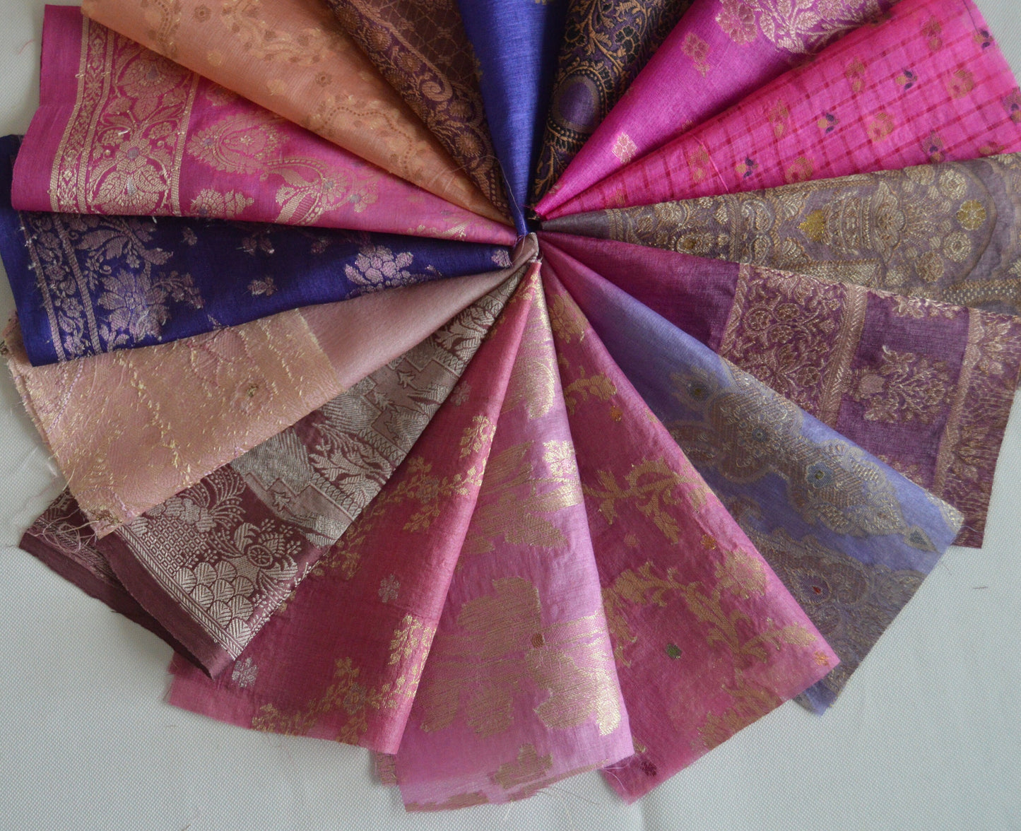 10 Inch x 16 Pieces Pink Purple Recycled Vintage Silk Sari Scraps Brocade Craft Fabric Collage Mixed Media Textile Art Junk Journals