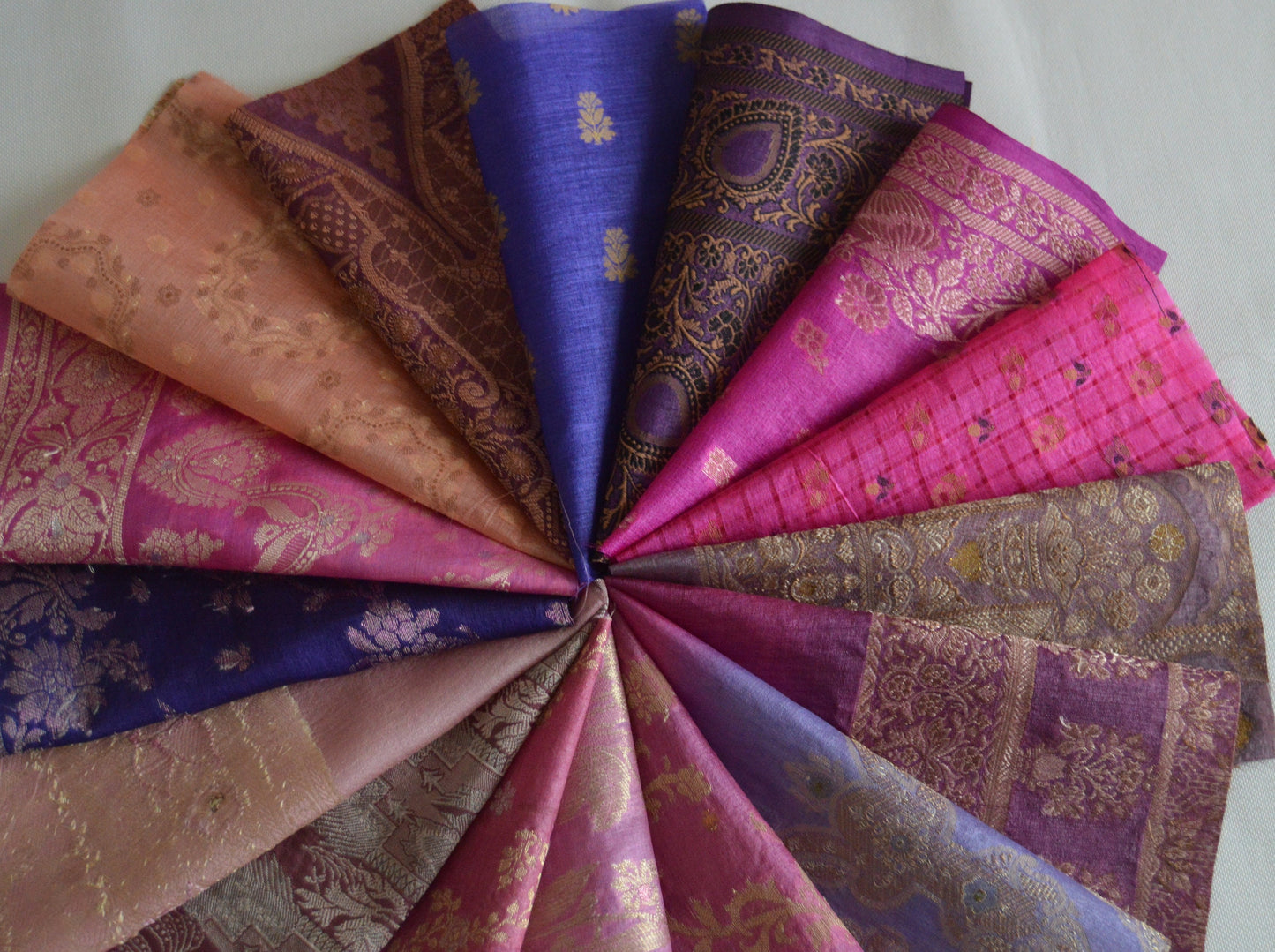 10 Inch x 16 Pieces Pink Purple Recycled Vintage Silk Sari Scraps Brocade Craft Fabric Collage Mixed Media Textile Art Junk Journals