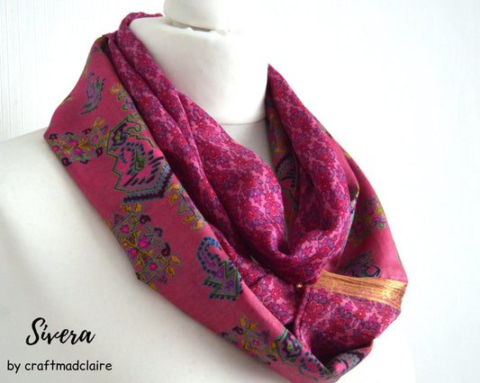 Cerise Pink Upcycled Sari Silk Infinity Scarf