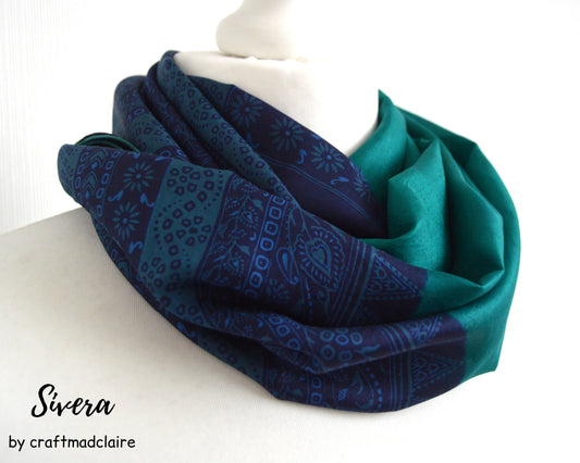 Green Navy Upcycled Sari Silk Infinity Loop Scarf