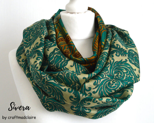 Teal Cream Pure Silk Upcycled Sari Silk Scarf