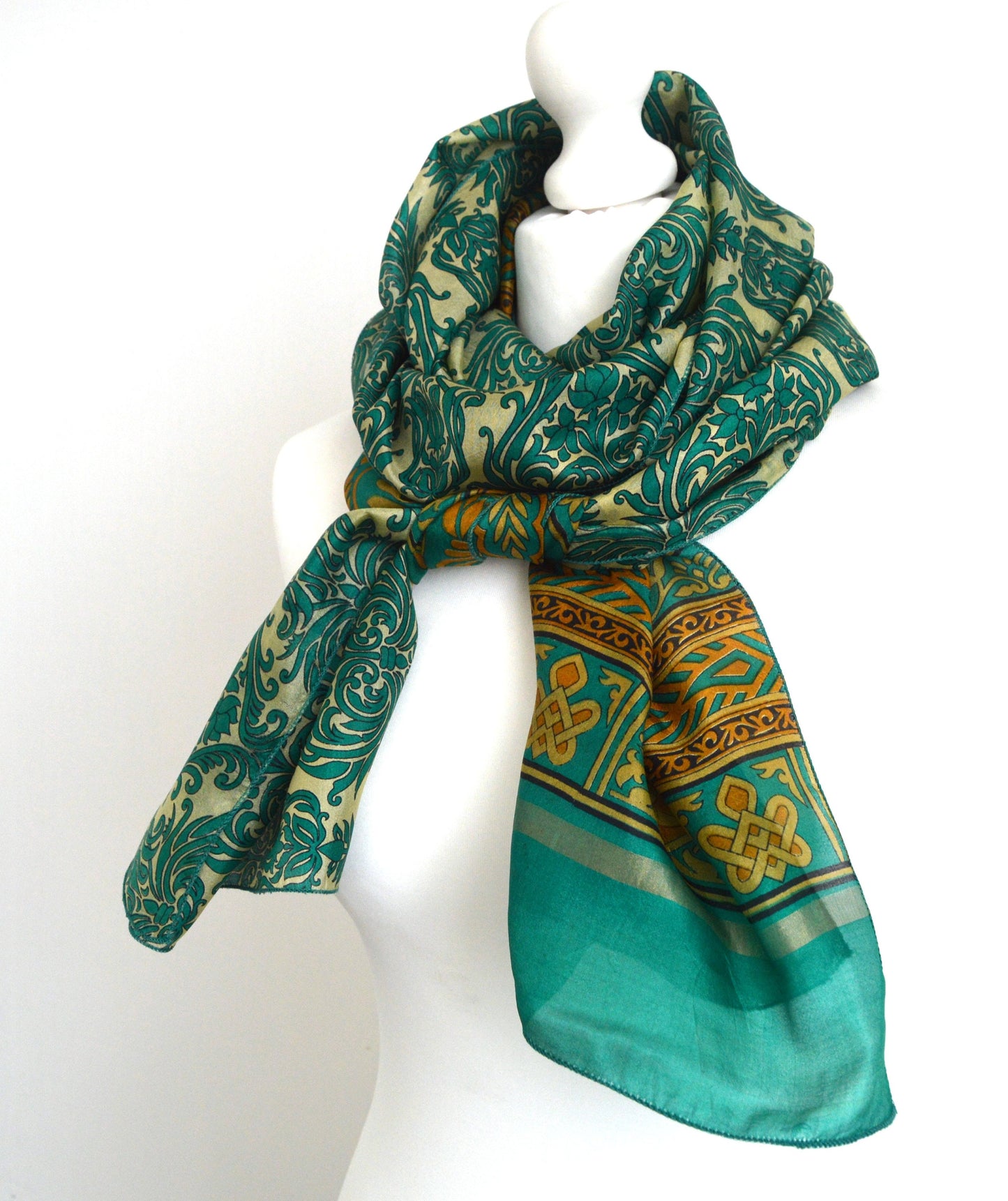 Teal Cream Pure Silk Upcycled Sari Silk Scarf