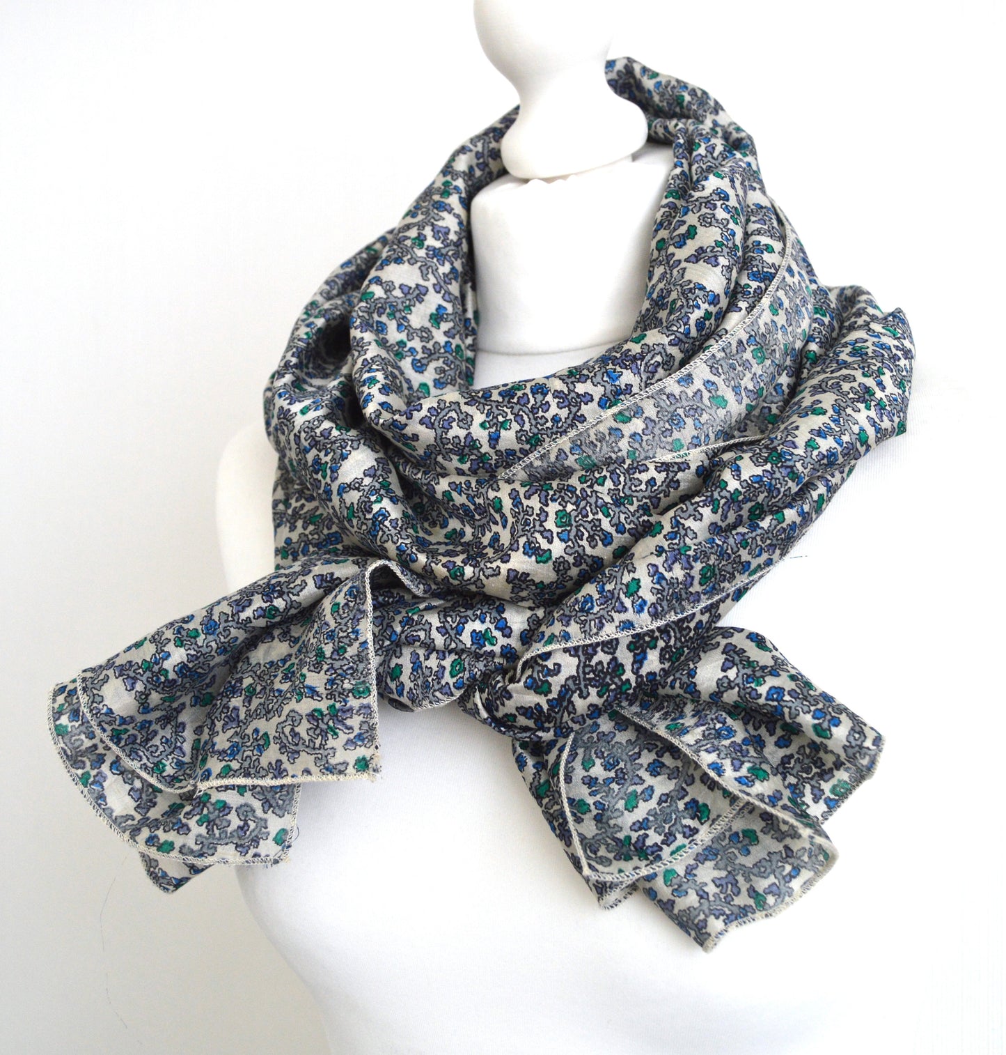Cream Blue Floral Sari Silk Infinity Loop Scarf