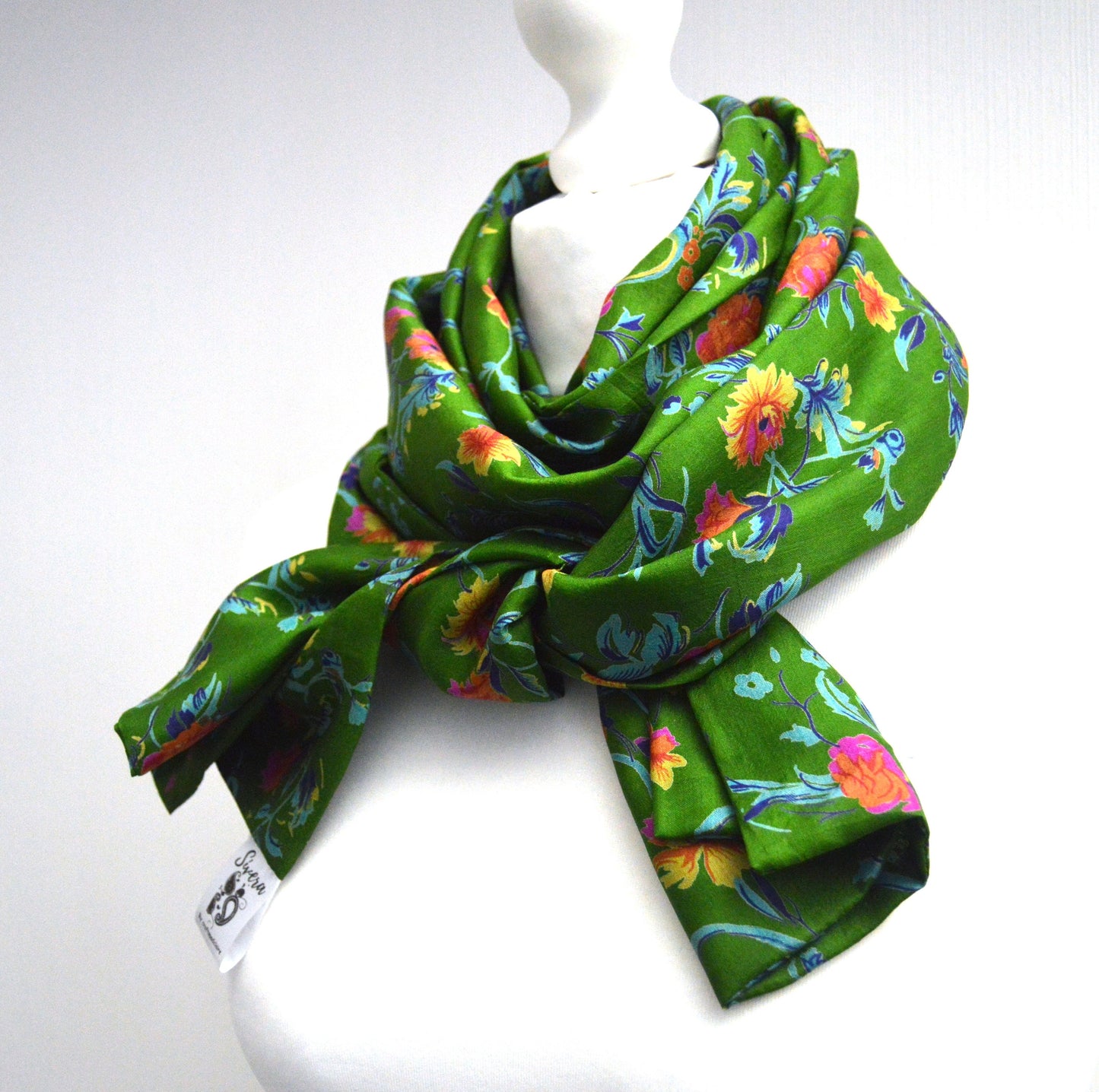 Emerald Green Floral Sari Silk Scarf