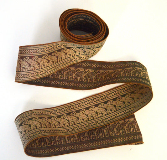 Brown Caramel Elephant Brocade Silk Vintage Recycled Upcycled Sari Silk Ribbon Border