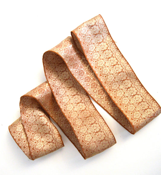 Caramel Cream Brocade Silk Vintage Recycled Upcycled Sari Silk Ribbon Border