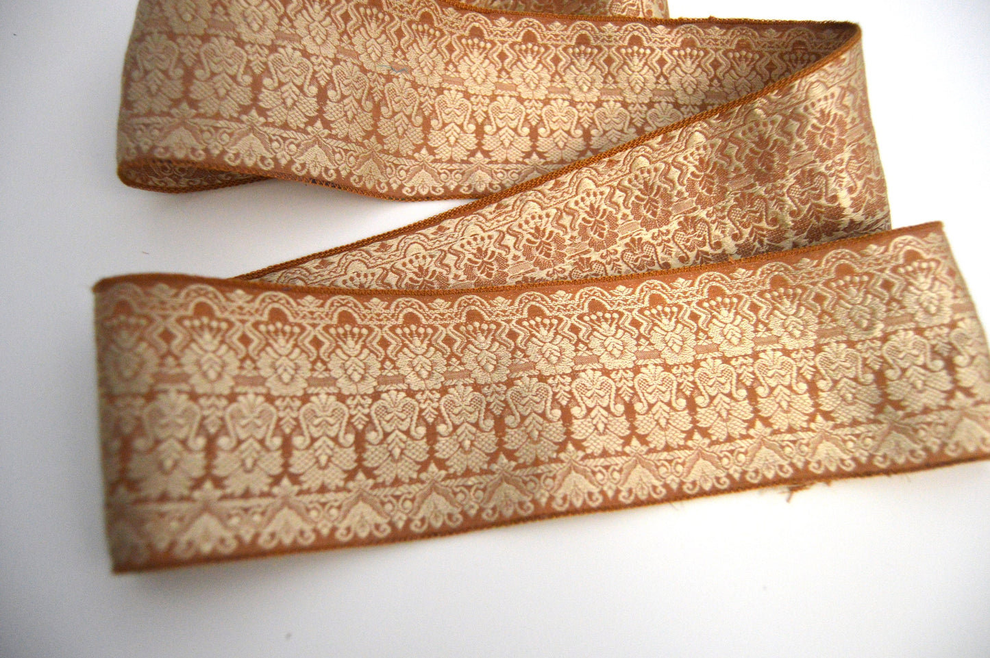 Caramel Cream Brocade Silk Vintage Recycled Upcycled Sari Silk Ribbon Border