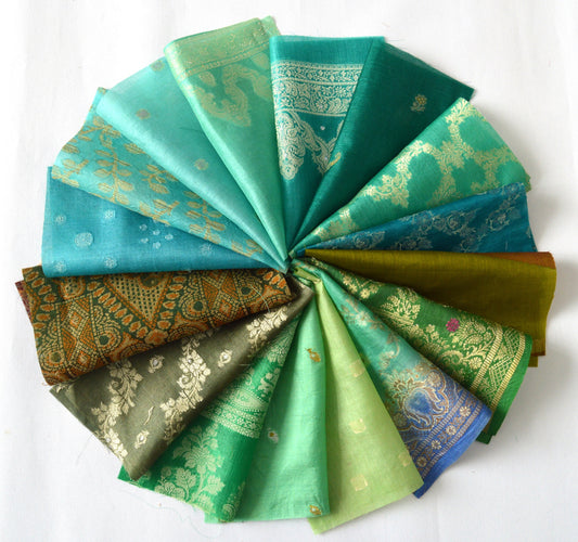 8 Inch x 16 Pieces Green Recycled Vintage Sari Squares Craft Fabric Card Making Collage Mixed Media Textile Art Sewing Junk Journal