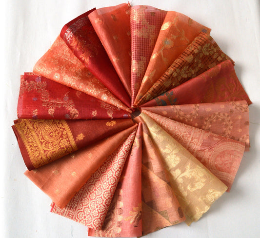 8 Inch x 16 Pieces Orange Recycled Vintage Sari Squares Craft Fabric Card Making Collage Mixed Media Textile Art Sewing Junk Journal