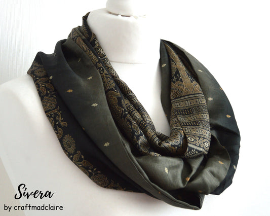 Grey Black Sari Silk Scarf - Sophisticated Bohemian Miss You Gift - Eco Friendly Upcycled Unisex Womens Scarf - Handmade Lightweight Scarf