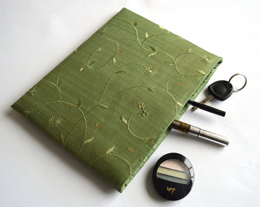 Sage Green Embroidered Floral Sari Silk Envelope Clutch Purse - Handmade Sophisticated Recycled Evening Wedding Bridesmaids Purse