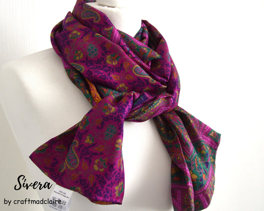 Bright Cerise Upcycled Sari Silk Infinity Scarf