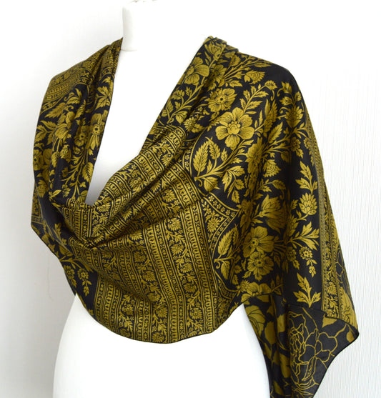 Black Chartreuse Floral Upcycled Vintage Sari Faux Silk Scarf - Handmade Nursing Cover Baby Shower Gift - Ethical Zero Waste Fashion
