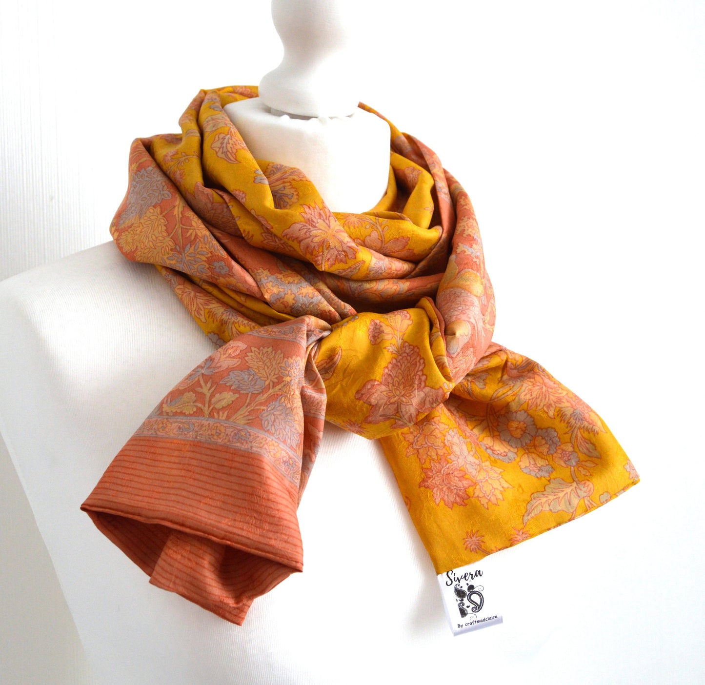 Orange Yellow Upcycled Vintage Sari Silk Scarf
