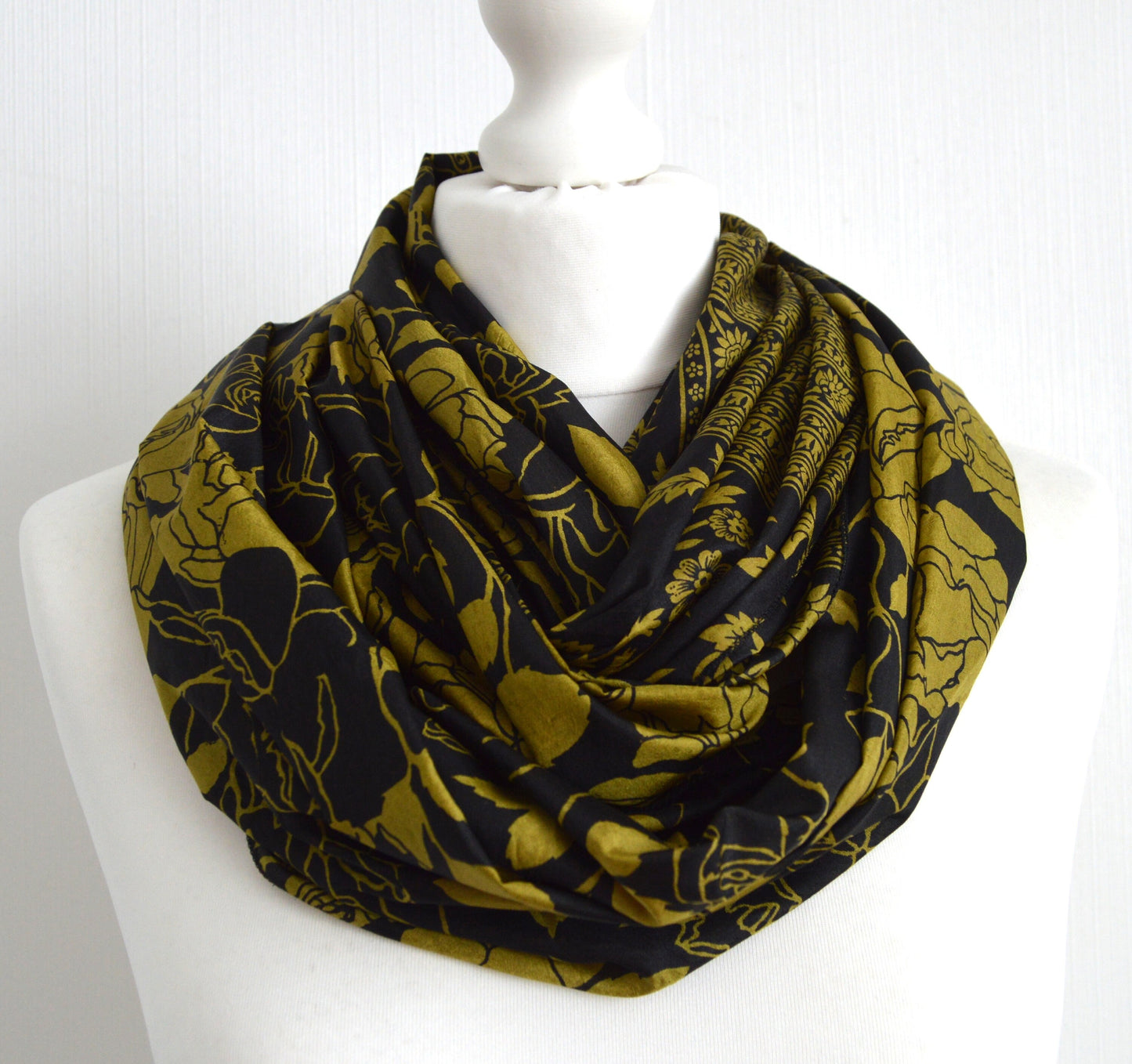 Black Chartreuse Floral Upcycled Vintage Sari Faux Silk Scarf - Handmade Nursing Cover Baby Shower Gift - Ethical Zero Waste Fashion