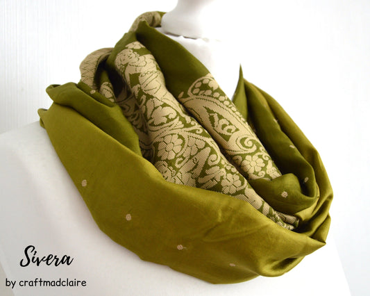 Beige Olive Silk Scarf - Eternity Scarf - Loop Scarf - Womens Scarf - Unisex Scarf - Gift for Her - Gift for Him - Green Silk Scarf - OOAK