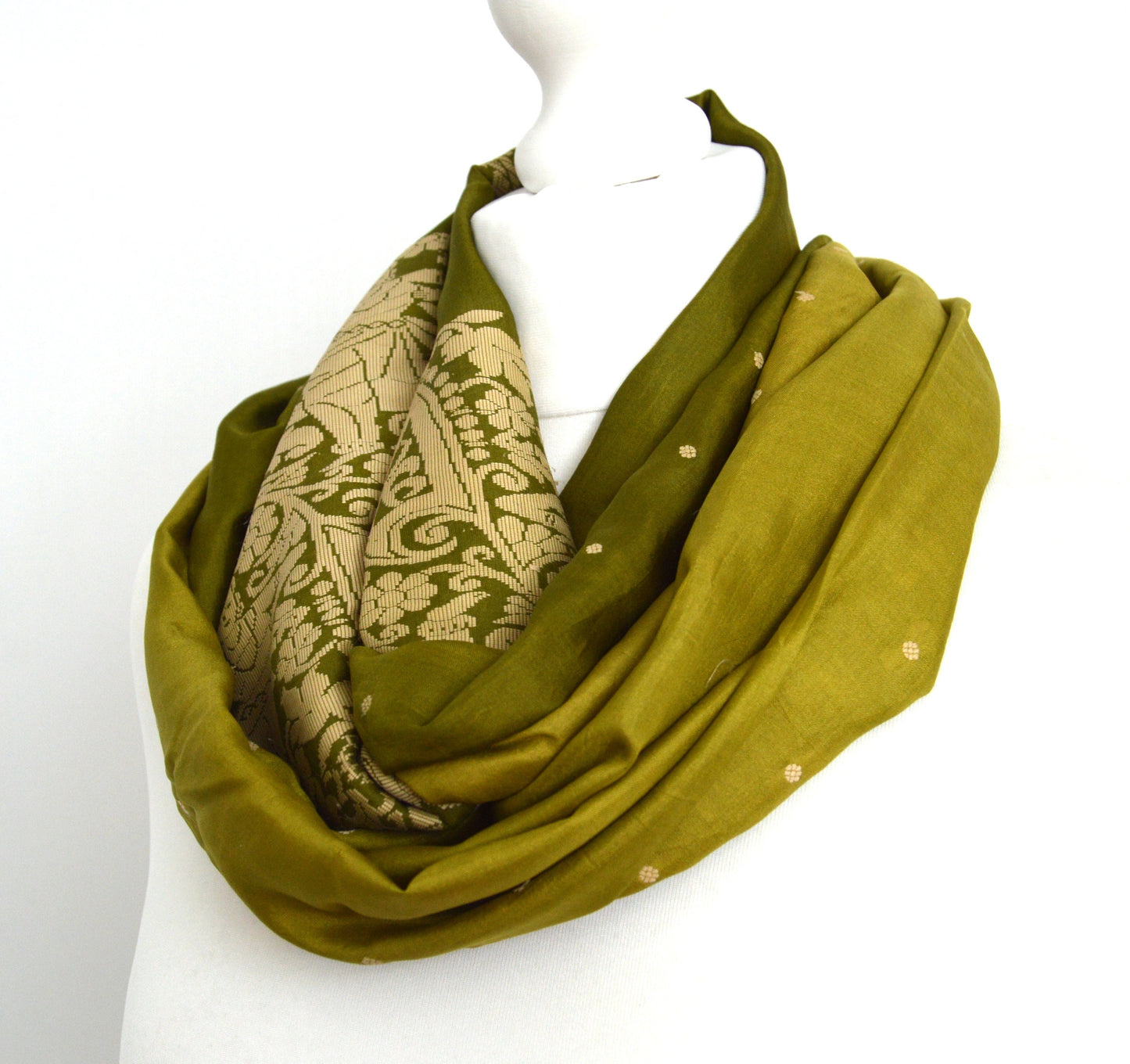 Beige Olive Silk Scarf - Eternity Scarf - Loop Scarf - Womens Scarf - Unisex Scarf - Gift for Her - Gift for Him - Green Silk Scarf - OOAK