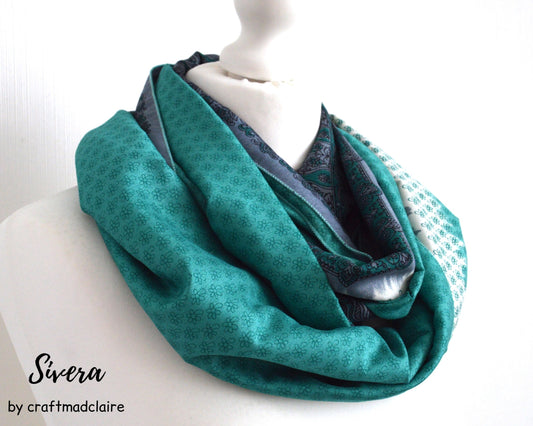 Turquoise Grey Floral Faux Silk Upcycled Sari Scarf