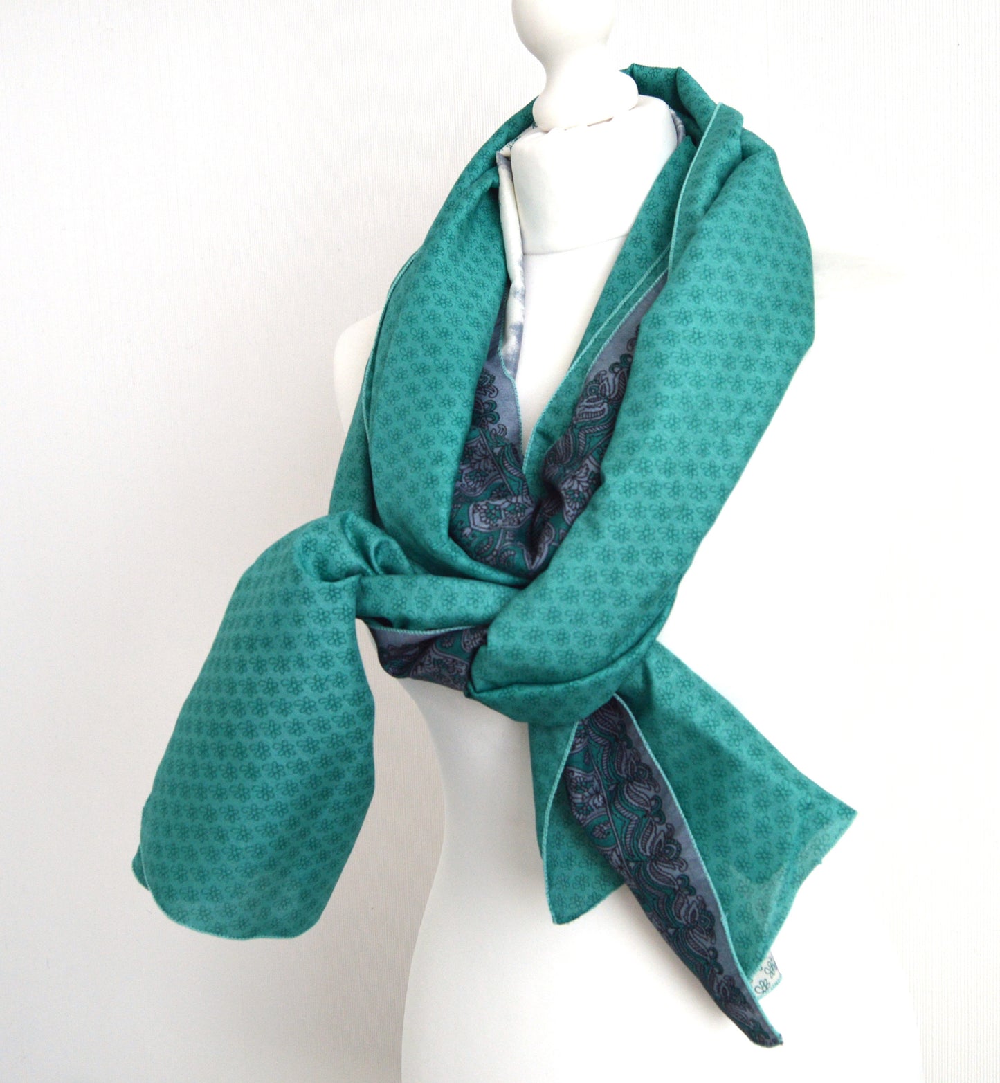 Turquoise Grey Floral Faux Silk Upcycled Sari Scarf