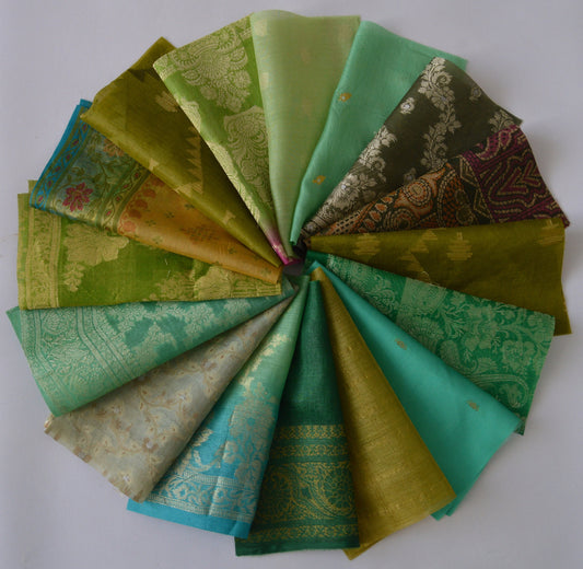 5 Inch x 16 Pieces Green Recycled Vintage Sari Squares Craft Fabric Card Making Collage Mixed Media Textile Art Sewing Junk Journal