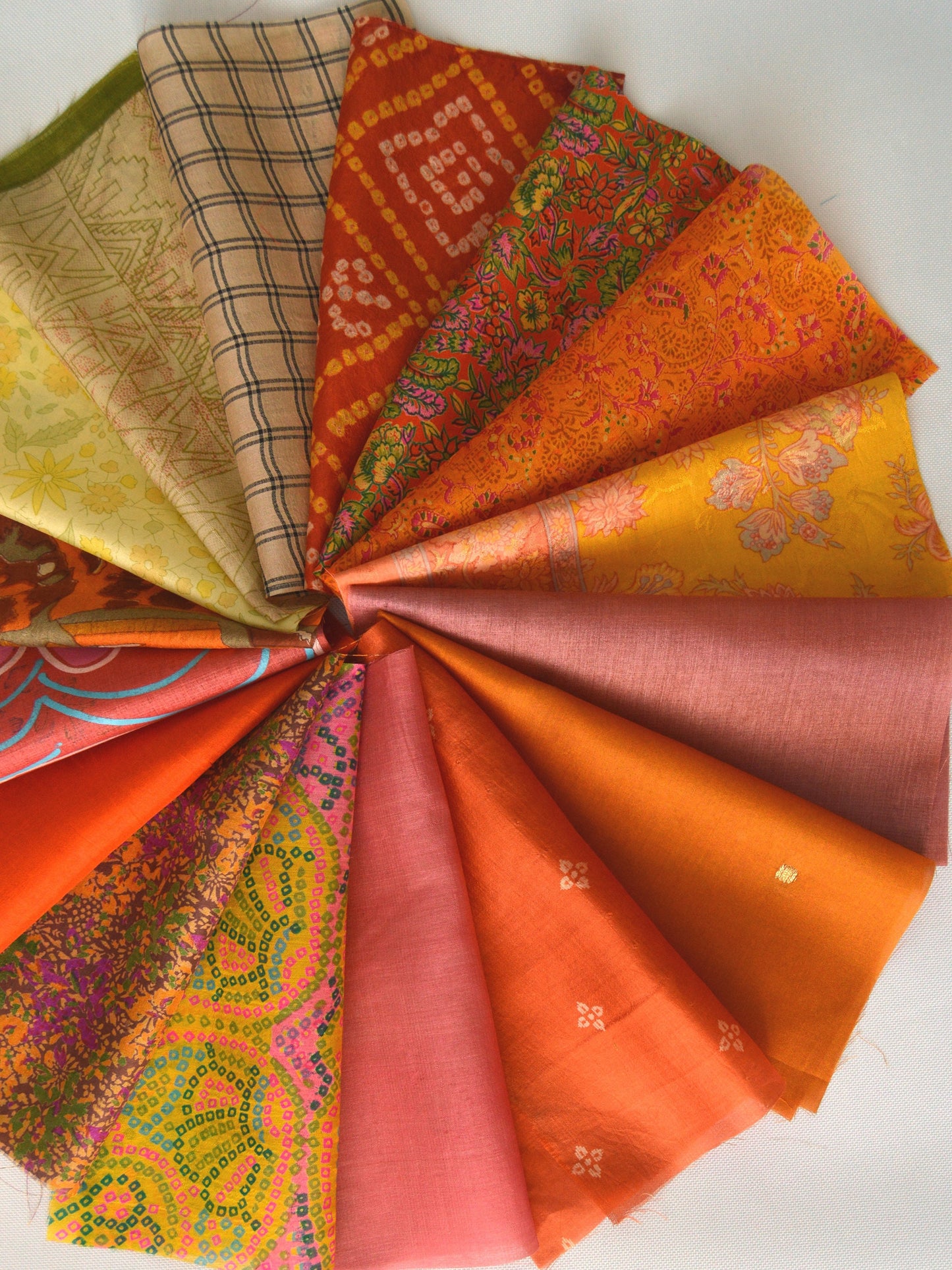 8 Inch x 16 Pieces Yellow Orange Upcycled Sari Silk Squares