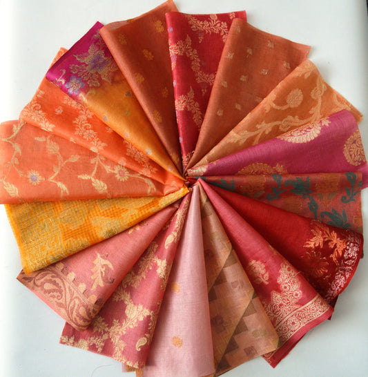 10 Inch x 16 Pieces Orange Shades Upcycled Sari Silk Squares