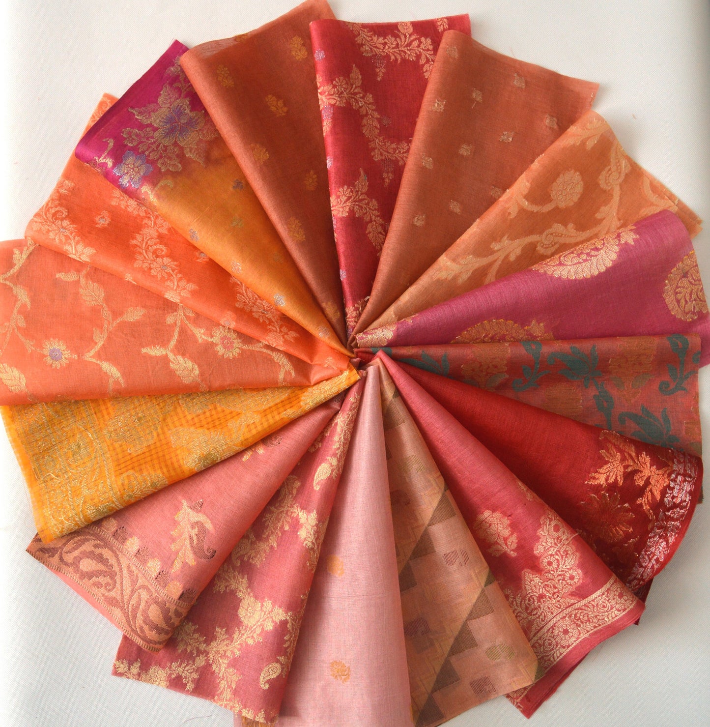 10 Inch x 16 Pieces Orange Shades Upcycled Sari Silk Squares