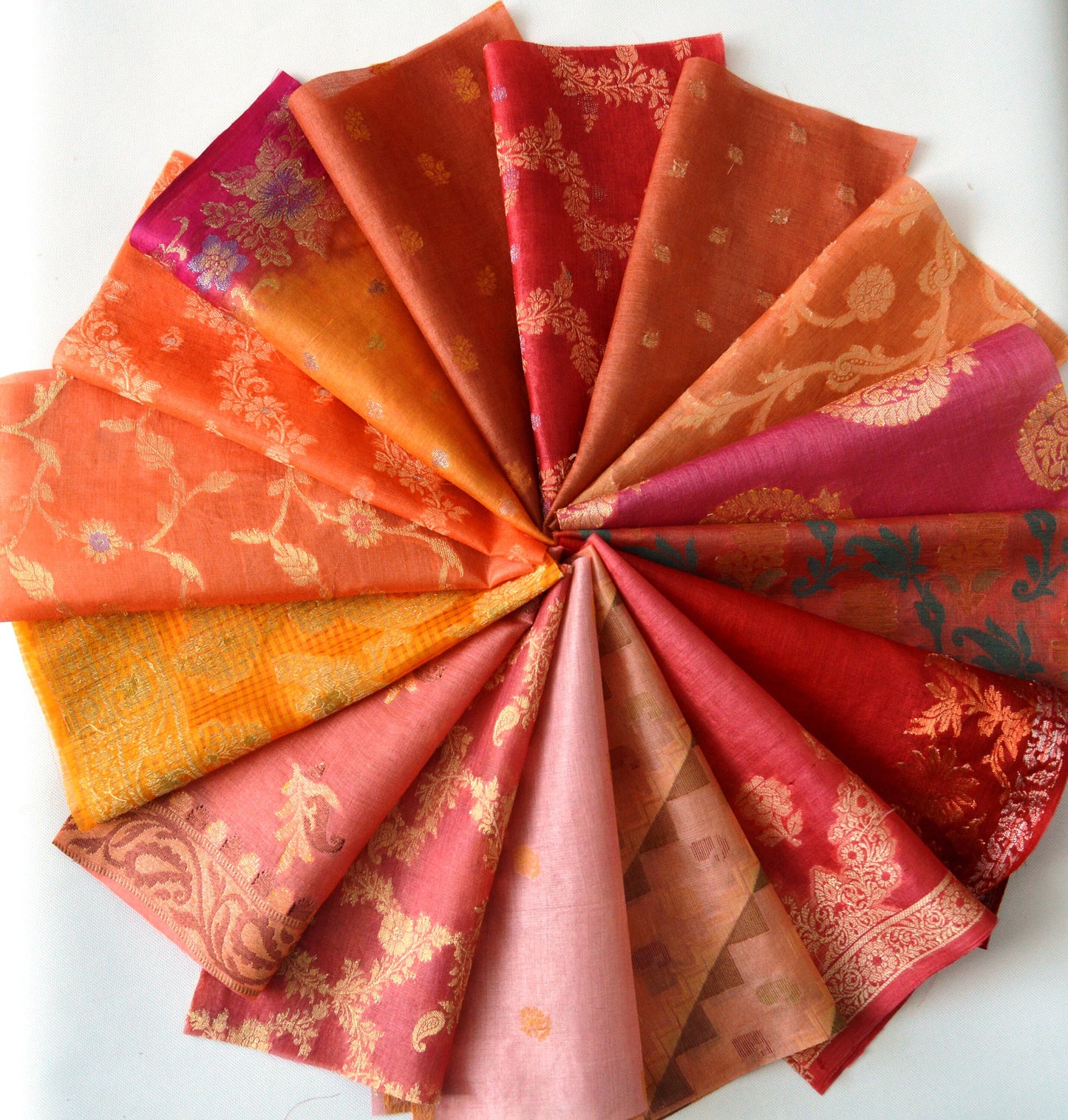 10 Inch x 16 Pieces Orange Shades Upcycled Sari Silk Squares
