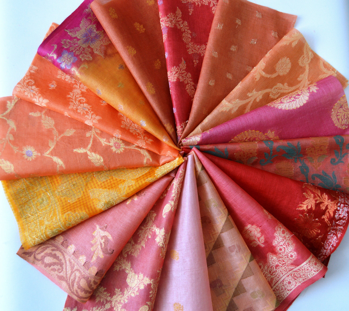 10 Inch x 16 Pieces Orange Shades Upcycled Sari Silk Squares