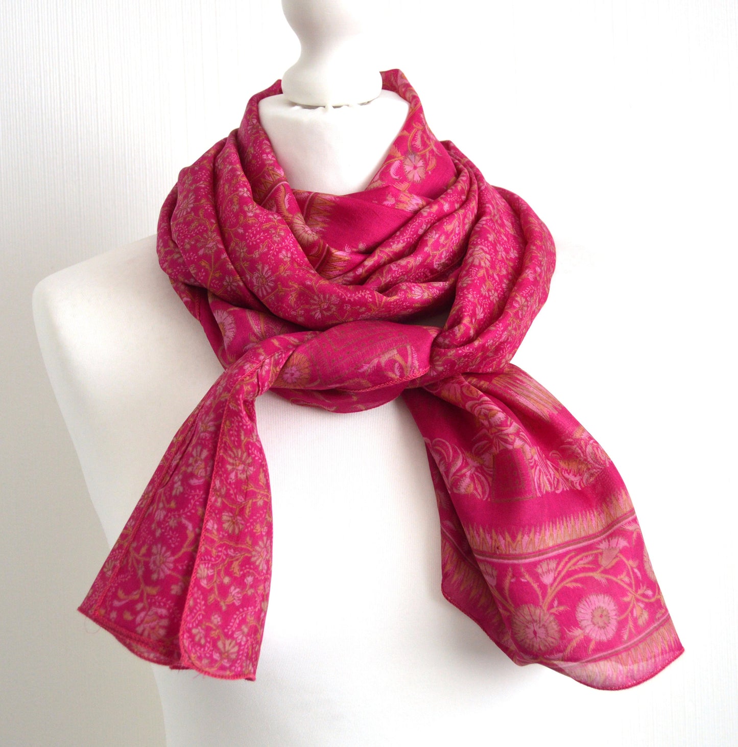 Cerise Floral Upcycled Vintage Sari Silk Scarf