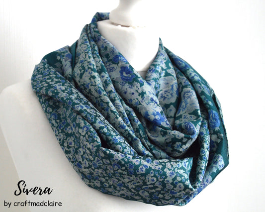 Teal Green Blue Floral Upcycled Vintage Sari Silk Scarf - Eco Friendly Bohemian Spring Summer Womens Scarf - Teacher Mum Mom Sister Gift