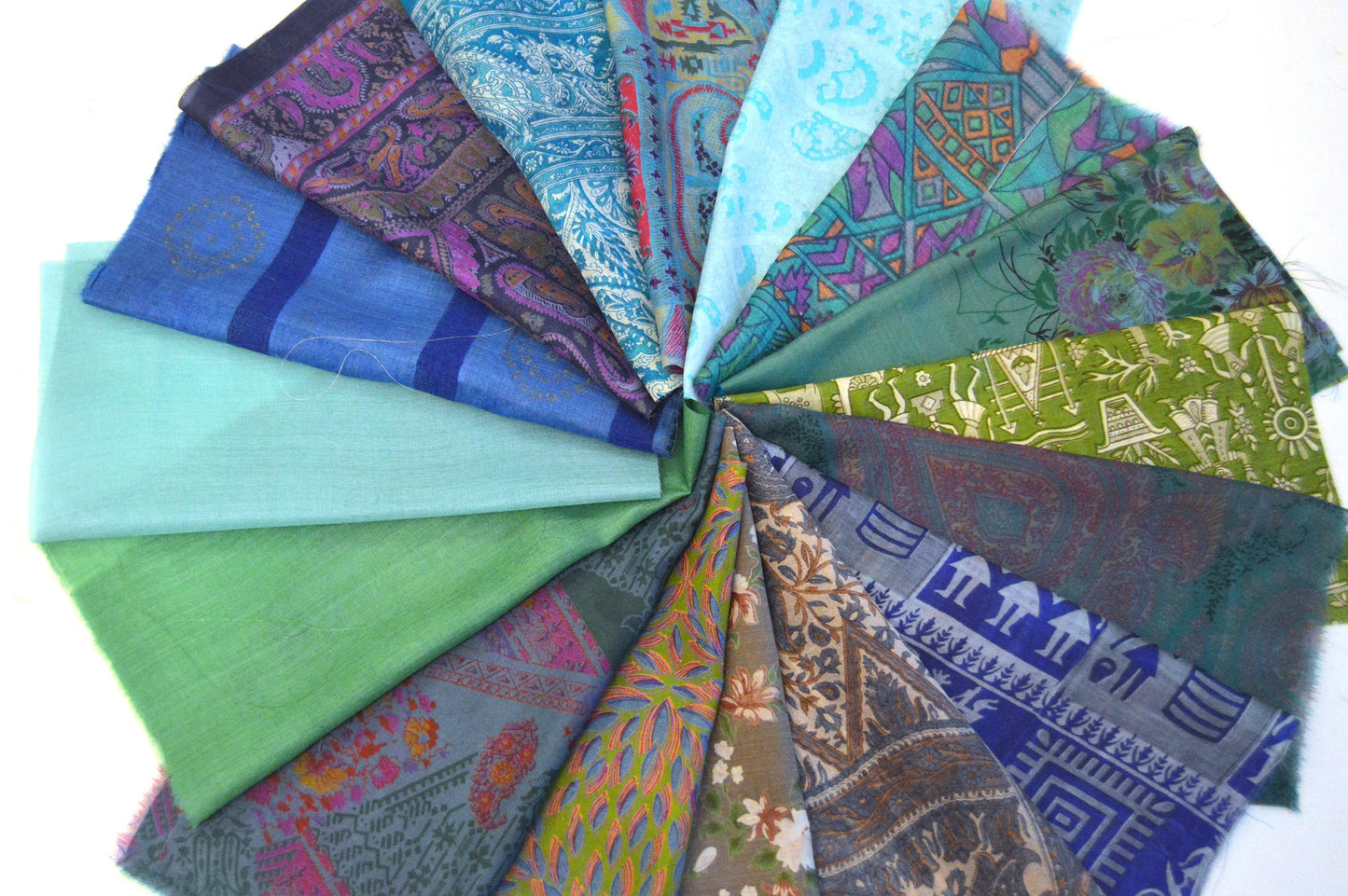 10 Inch x 16 Pieces Blue Turquoise Green Upcycled Sari Silk Squares