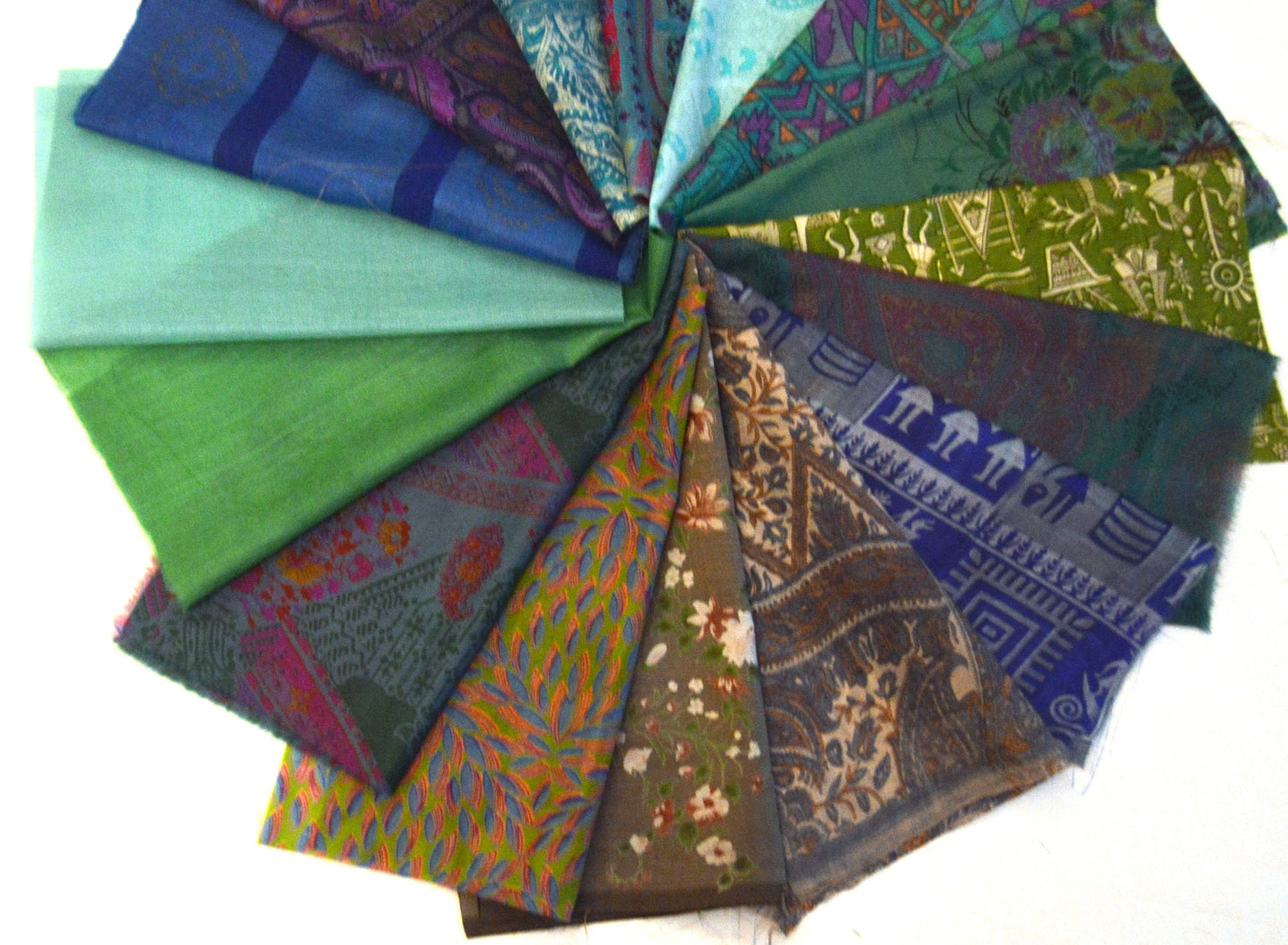 10 Inch x 16 Pieces Blue Turquoise Green Upcycled Sari Silk Squares