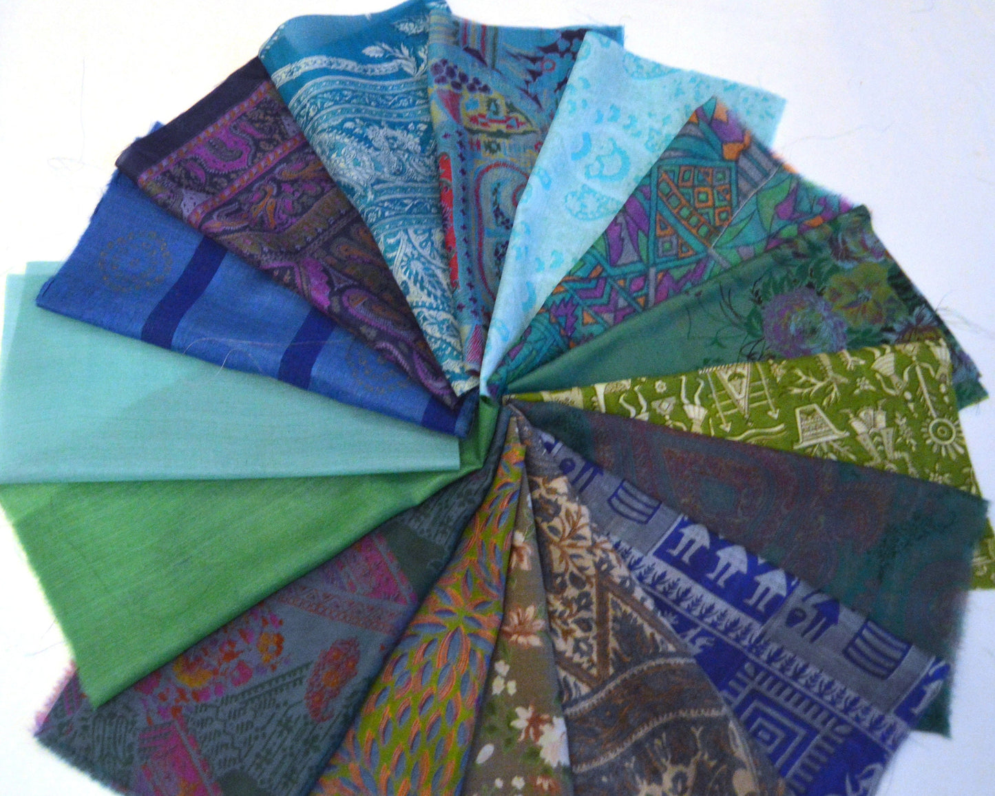10 Inch x 16 Pieces Blue Turquoise Green Upcycled Sari Silk Squares