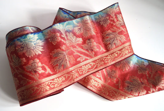 Red Gold & Blue Floral Pure Silk Vintage Recycled Upcycled Sari Silk Ribbon