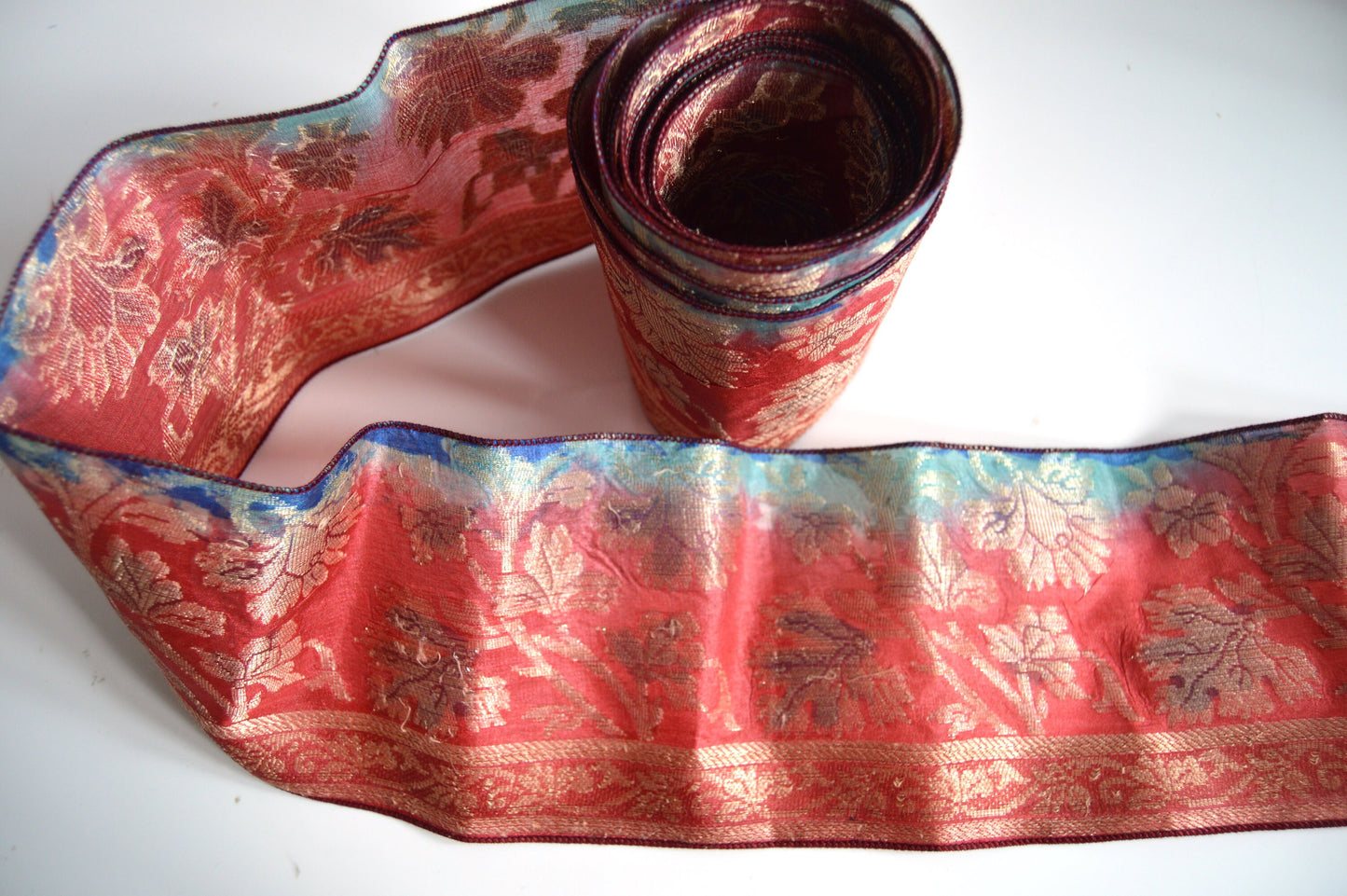 Red Gold & Blue Floral Pure Silk Vintage Recycled Upcycled Sari Silk Ribbon