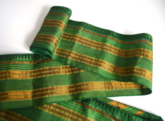 Green & Gold Pure Silk Vintage Recycled Upcycled Sari Silk Ribbon