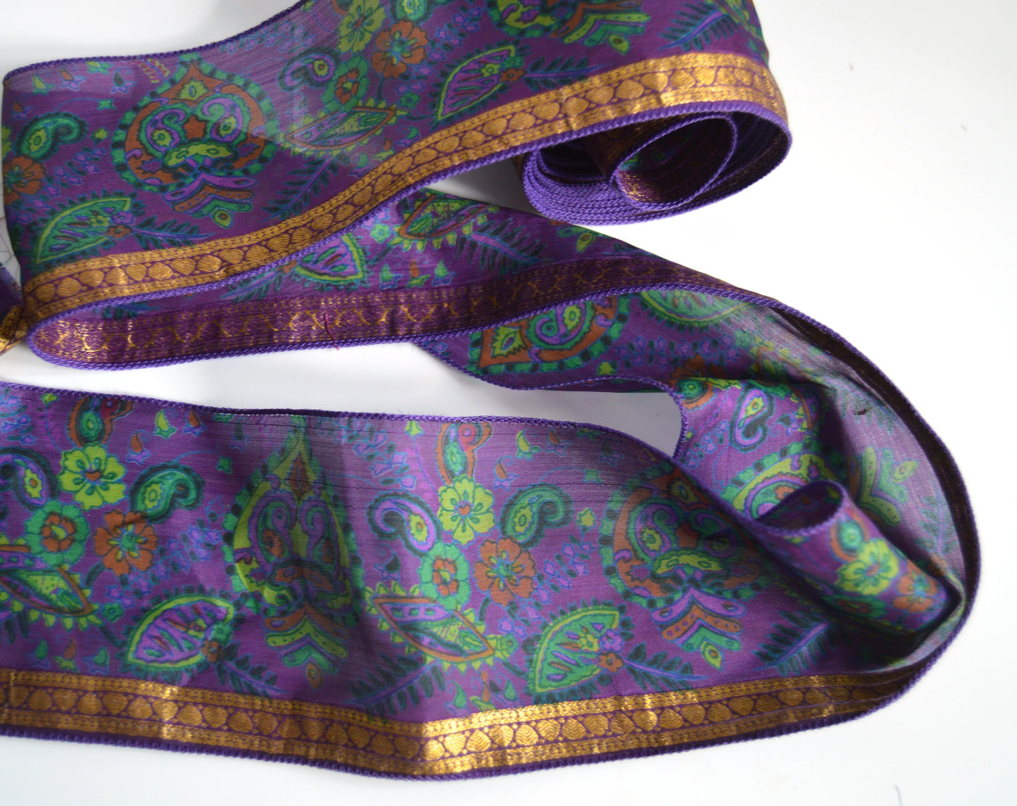 Purple Green & Gold Pure Silk Vintage Recycled Upcycled Sari Silk Ribbon