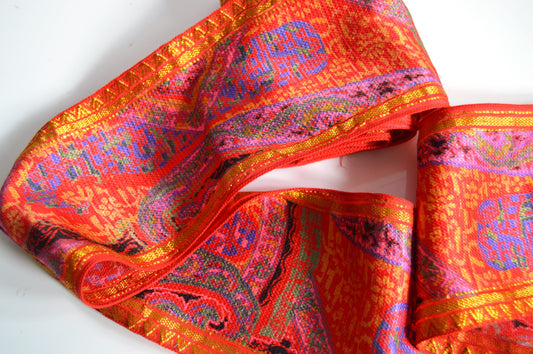 Bright Abstract Red & Gold Faux Silk Vintage Recycled Upcycled Sari Silk Ribbon