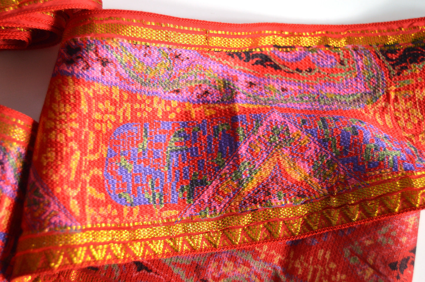 Bright Abstract Red & Gold Faux Silk Vintage Recycled Upcycled Sari Silk Ribbon