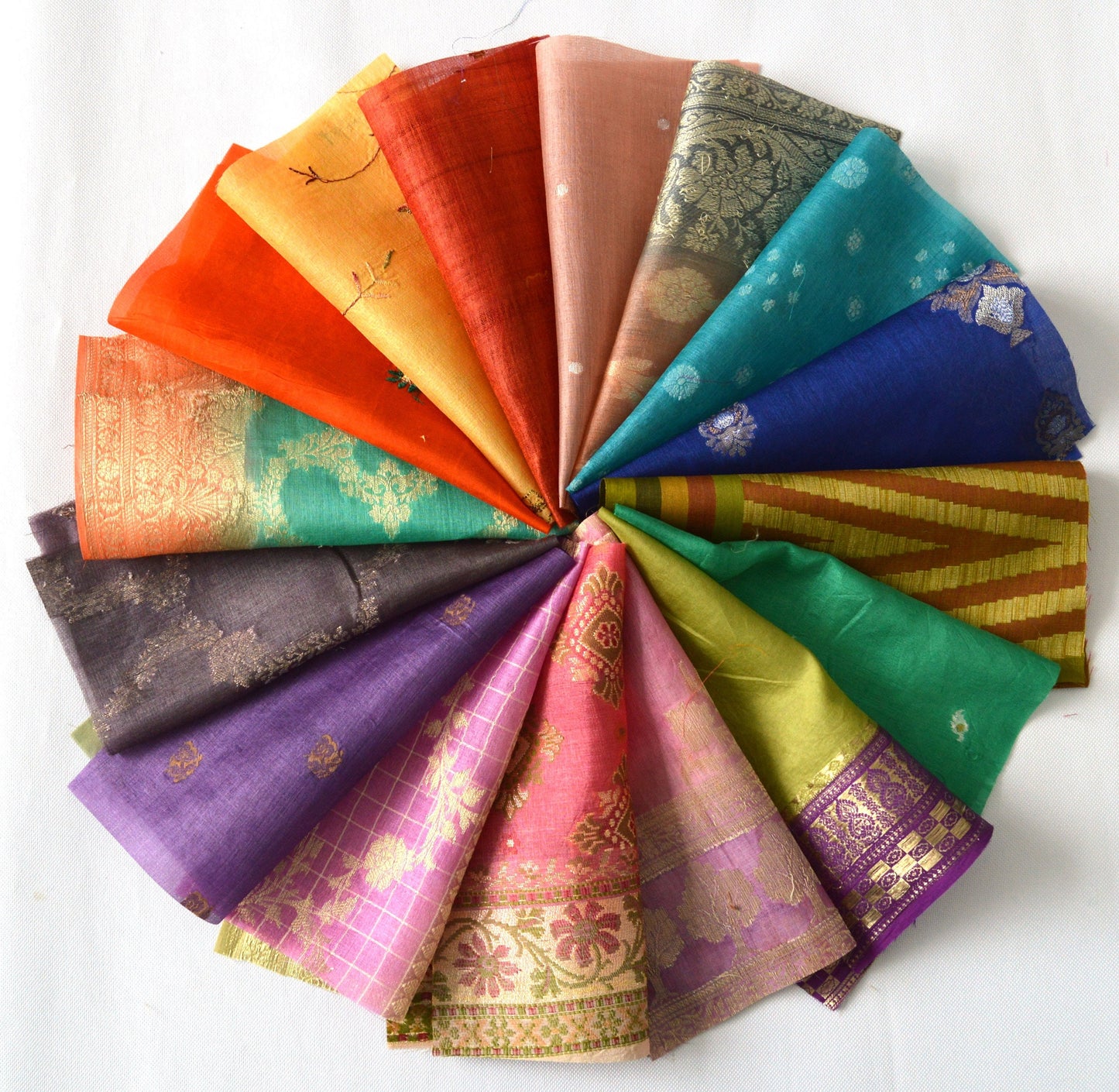 10 Inch x 16 Pieces Mixed Colour Upcycled Sari Silk Squares
