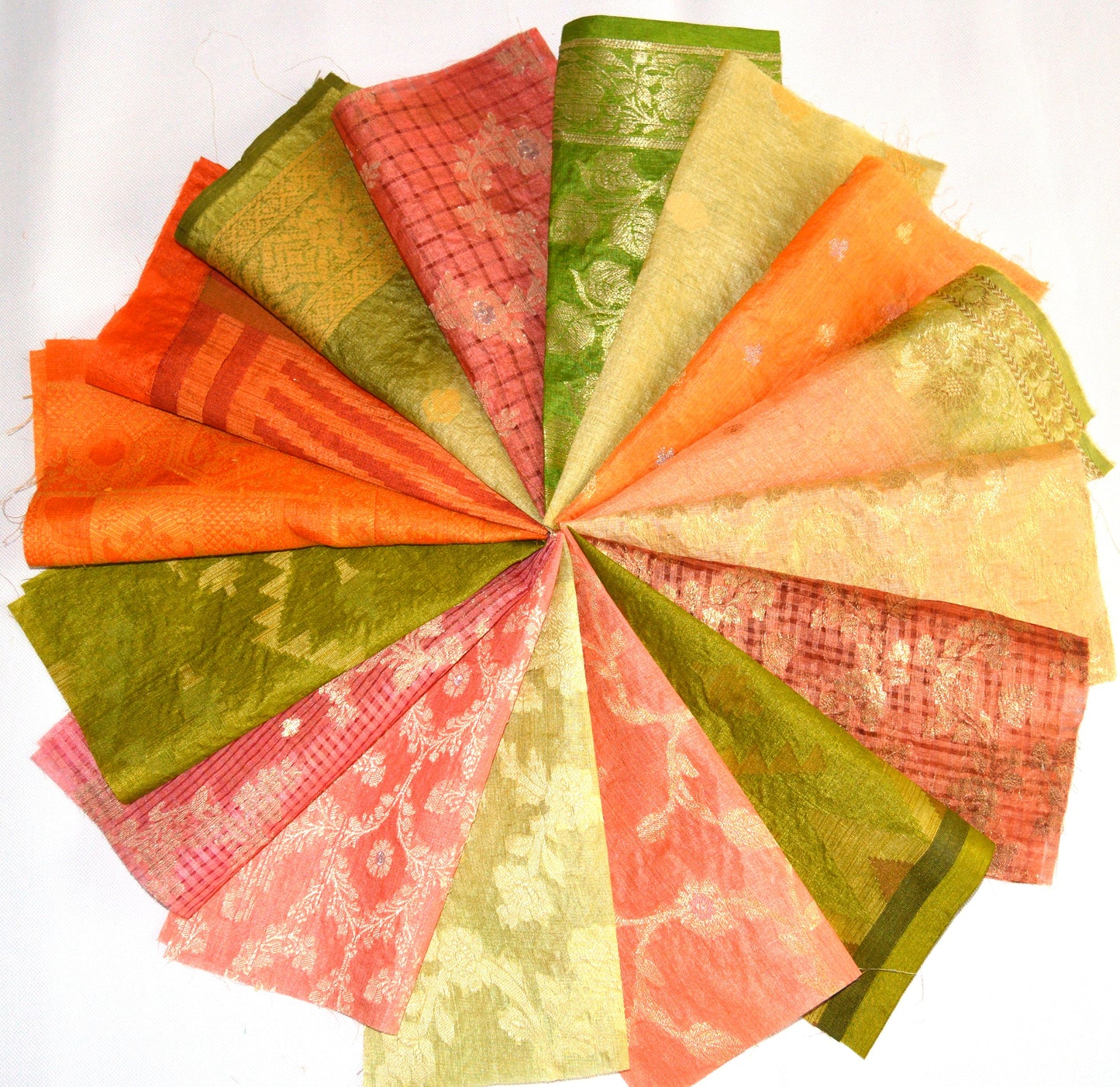 10 Inch x 16 Pieces Orange Green Upcycled Sari Silk Squares