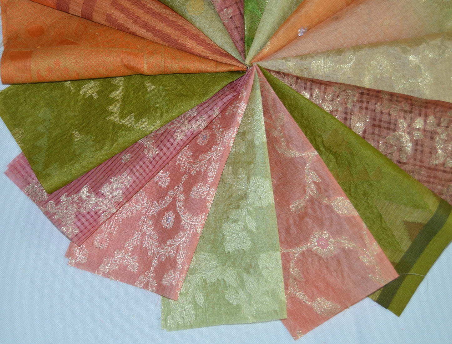 10 Inch x 16 Pieces Orange Green Upcycled Sari Silk Squares