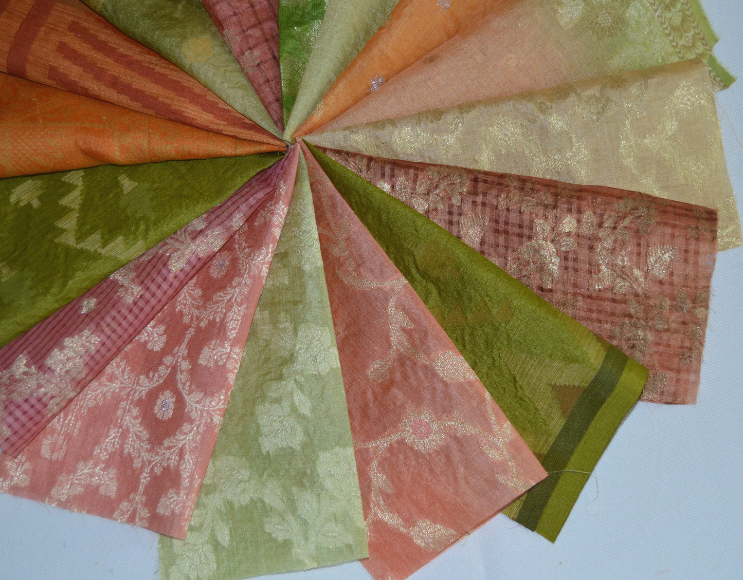 10 Inch x 16 Pieces Orange Green Upcycled Sari Silk Squares