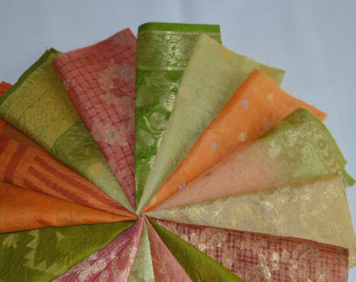 10 Inch x 16 Pieces Orange Green Upcycled Sari Silk Squares